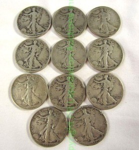 lot 483 image: Silver walking liberty half dollars 1940s (Bid is times the quantity of 11)