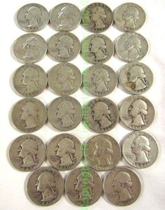 lot 485 image: Silver pre 1965 Washington quarters (Bid is times the quantity of 23)
