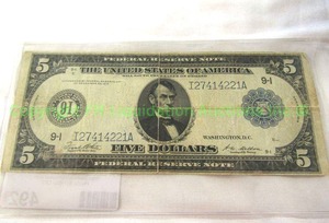 lot 492 image: Antique 1914 five dollar Federal reserve note