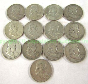 lot 498 image: Silver Franklin half dollars (Bid is times the quantity of 13)