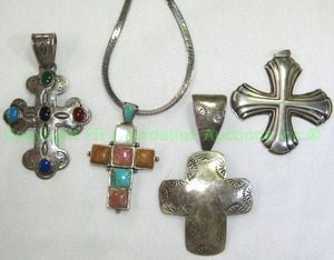 lot 788 image: Sterling and multi gemstone cross grouping. Rered & Barton 1980 Christmas Cross on Italian sterling necklace. All marked