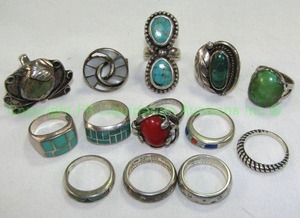 lot 790 image: Sterling ring selection includes turquoise, coral, blue lapis, mother of pearl plus All marked