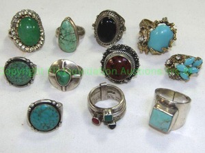 lot 794 image: Sterling ring selection Includes blue and green turquoise, black onyx and more. All marked