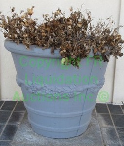 lot 775 image: Blue painted concrete planter with fruit garland center decoration. Heavy Please bring assistance to load. 21 tall