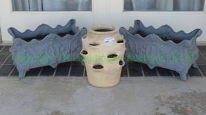 lot 776 image: Antique blue painted metal box planters with Victorian incised designs (PAIR) plus terracotta her succulent planter pot