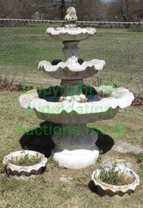 lot 803 image: Concrete 3 tier fountain with artichoke finial and 2 planters