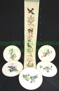lot 221 image: American Songbirds plate set by Syracuse china and matching crewel work tapestry w frame