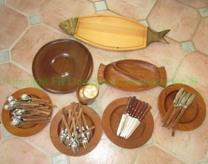 lot 245 image: Danish Modern S & K Holboll teak and wood serve ware selection including fish platter, Dansk wood handled utensils