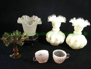 lot 244 image: Fenton silver crest bulb vases hand painted, hobnail opalescent cups plus other Fenton pieces