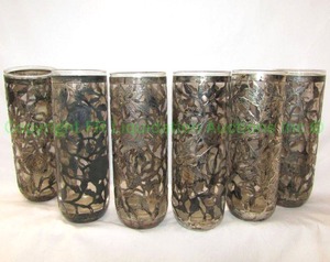 lot 242 image: Sterling overlay glass tumblers open-work silver floral design filigree Signed RMH 925 Hecho En Mexico