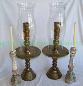 lot 325 image: Vintage candlestick pairs including brass candlesticks with glass hurricane globes (one globe is broken)