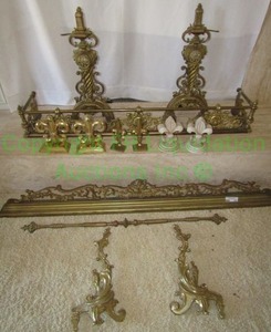 lot 326 image: Brass andirons and fleur de lis decorations plus as shown