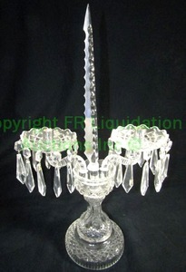 lot 335 image: Signed vintage ornate Waterford double glass arm candelabra. Base, prisms and bobeches marked Waterford, 20 tall, Matches Lot 336