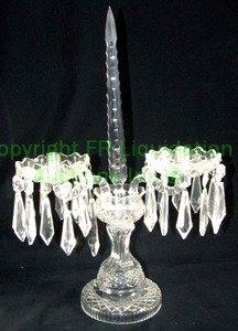 lot 336 image: Signed vintage ornate Waterford double glass arm candelabra. Base, prisms and bobeches marked Waterford, 20 tall, Matches Lot 335