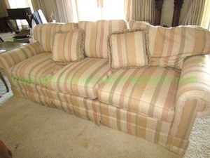 lot 338 image: Henredon Custom Foilo Collection Scroll arm sofa upholstered in striped fabric Matches Lot 342