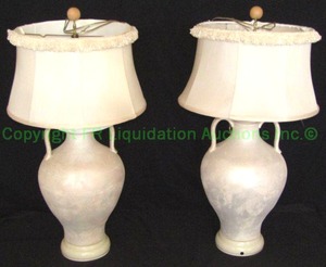 lot 351 image: Ceramic amphora shape table lamps w shades, need new cords, 37 tall