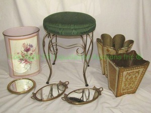 lot 350 image: Vanity items including 2 mid century Florentine Italian waste receptacles, brass stool, mirrored trays