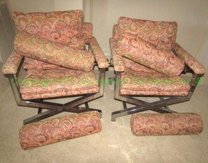 lot 323 image: Vintage chrome metal cross leg mid century modern upholstered tufted arm club chairs w matching bolster pillows c1970s