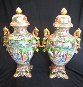 lot 357 image: Asian lidded Ginger Jars with scroll handles by Oriental Accent Company Matched Pair, 19 tall each