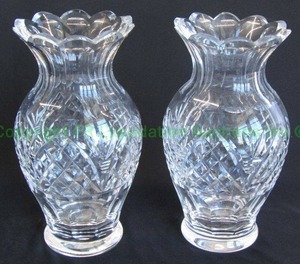 lot 315 image: Signed vintage Waterford crystal vase duo w scalloped rim 9 14 H, c1980s, Made In Ireland, matched pair, marked