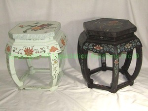 lot 277 image: Asian garden seats  tables One is Rosewood with inlaid stone work, 18 tall each