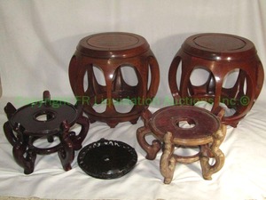 lot 301 image: Rosewood and Teak plant stands and garden seats, tallest is 13