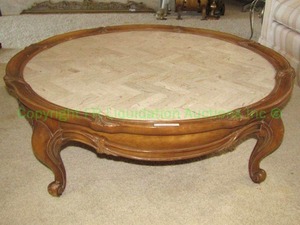 lot 343 image: Italian mosaic marble top round low coffee table with hardwood frame Carved apron cabriole scroll legs, Made in Italy, 43 wide x 14 tall