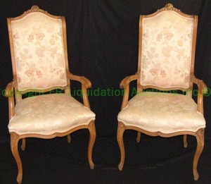 lot 337 image: High back silk damask upholstered captains chairs cabriole legs, corded trim