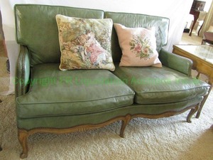 lot 340 image: Vintage green leather salon settee with nail head trim Carved apron scroll feet, 2 pillows. Matches lot 283