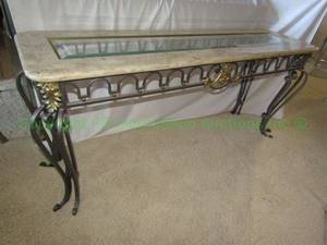 lot 356 image: Contemporary two tone metal console table marble top with inset glass center, 58 x 16 x 25