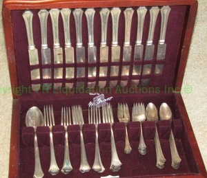lot 352 image: Reed & Barton Sterling Silverware in McGraw Storage chest. Has S Monogram in script. 49 pcs Marked Sterling (Bid is times the quantity of 49)