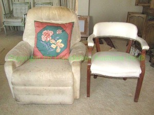lot 287 image: Chair duo. Includes upholstered recliner (need cleaning) and occasional hardwood chair nail head trim