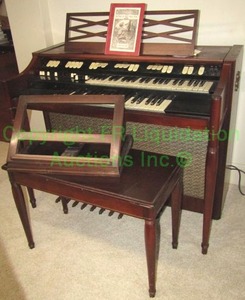 lot 282 image: Hammond Organ spinet console Model M-101 w (45 x 25.5 x 36) Drexel Piano bench with sheet music,