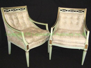 lot 299 image: Mid century French style silk upholstered salon chairs button tufted Pierced back rail Matched set