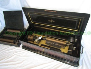 lot 279 image: Antique late 1800s Helvetta large table top cylinder type music box with hand laid mother of pearl inlays and three extra playing cylinders 39 x 17 x 11