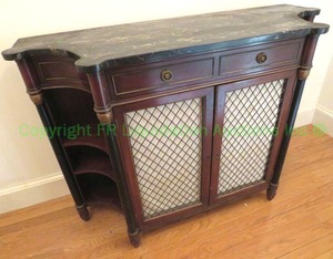 lot 651 image: Vintage display console with black marble fitted top, metal mesh door fronts, dove tailed drawers and brass pull handles, key, 48 x 18 x 34.5