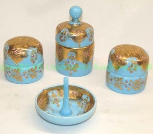 lot 578 image: Antique Victorian Bohemian aqua blue Bristol glass with 22K gold overlay including ring dish and matching dresser powder jars as shown
