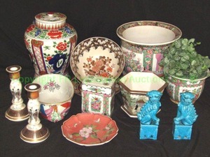 lot 286 image: Assorted Asian ceramics including lidded temple jar, fish pot, foo dogs, majolica handled bowl, planters as shown