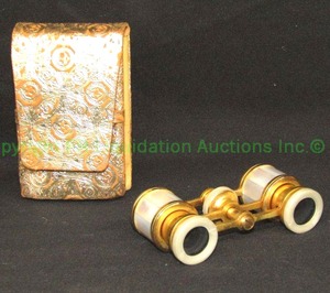 lot 394 image: Victorian era style Mother of pearl inlaid brass opera viewing glasses with case