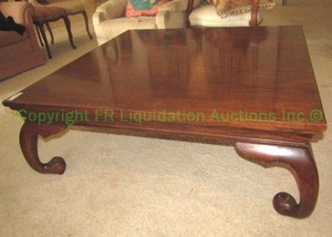 lot 396 image: Rift cut oak with book matched red maple veneer top large coffee table w highly unusual reverse bent back paw feet