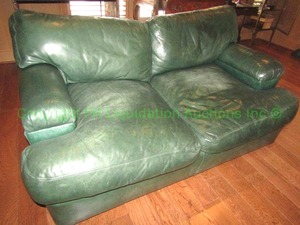 lot 373 image: Century vintage green leather pillow back loveseat, rounded arms Matches Sofa Lot 375