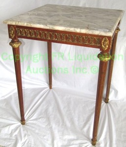 lot 374 image: Reeded leg table with marble top and brass ormolu fittings. 22 x 22 x 28, Matches lot 379