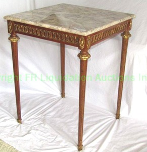 lot 379 image: Reeded leg table with marble top and brass ormolu fittings. 22 x 22 x 28, Matches lot 374