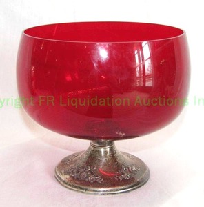 lot 368 image: Vintage Gorham ruby glass bowl on Sterling Silver pedestal base, Marked Gorham Sterling 1436, 6 tall