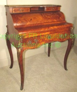 lot 371 image: Teak veneer with wood inlay Victorian escritoire with leather top stenciled desk, ormolu mounts, 36 x 30 x 44