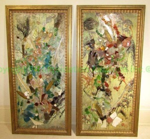 lot 457 image: Repurposed vintage mixed media framed abstract art, 18 x 38 each