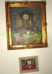 lot 458 image: Artist signed Franz Kaischk still life oil on canvas 26 x 30 and unsigned oil on canvas clock 12 x 10