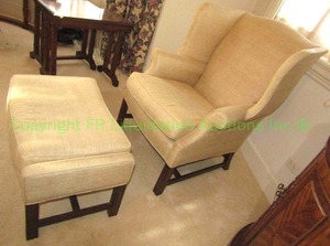 lot 471 image: Drexel Heritage upholstered wing back chair and matching ottoman