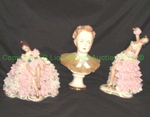 lot 472 image: Vintage Dresden lace dancing figurines - German Dresden and 1950 California Dresden Avis Wright French Miss bust 2430