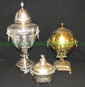 lot 83 image: Antique silver plate chased repousse Samovar hot water urn, Brass samovar